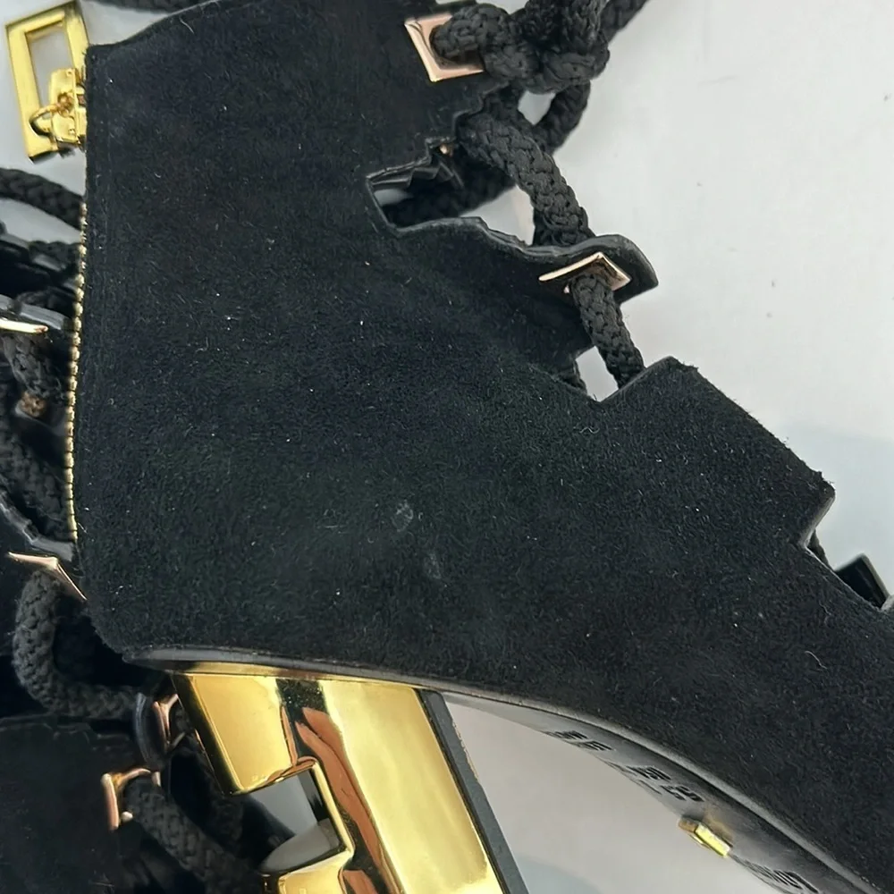 KAT MACONIE Betsy Suede Black Sandals Gold Heels Lace Up women’s size 5.5
